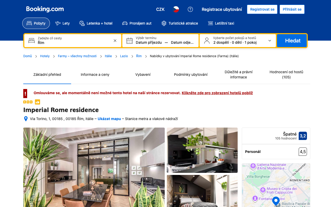 Screenshot of the Imperial Rome residence listing on Booking.com, 7 Sep 2026